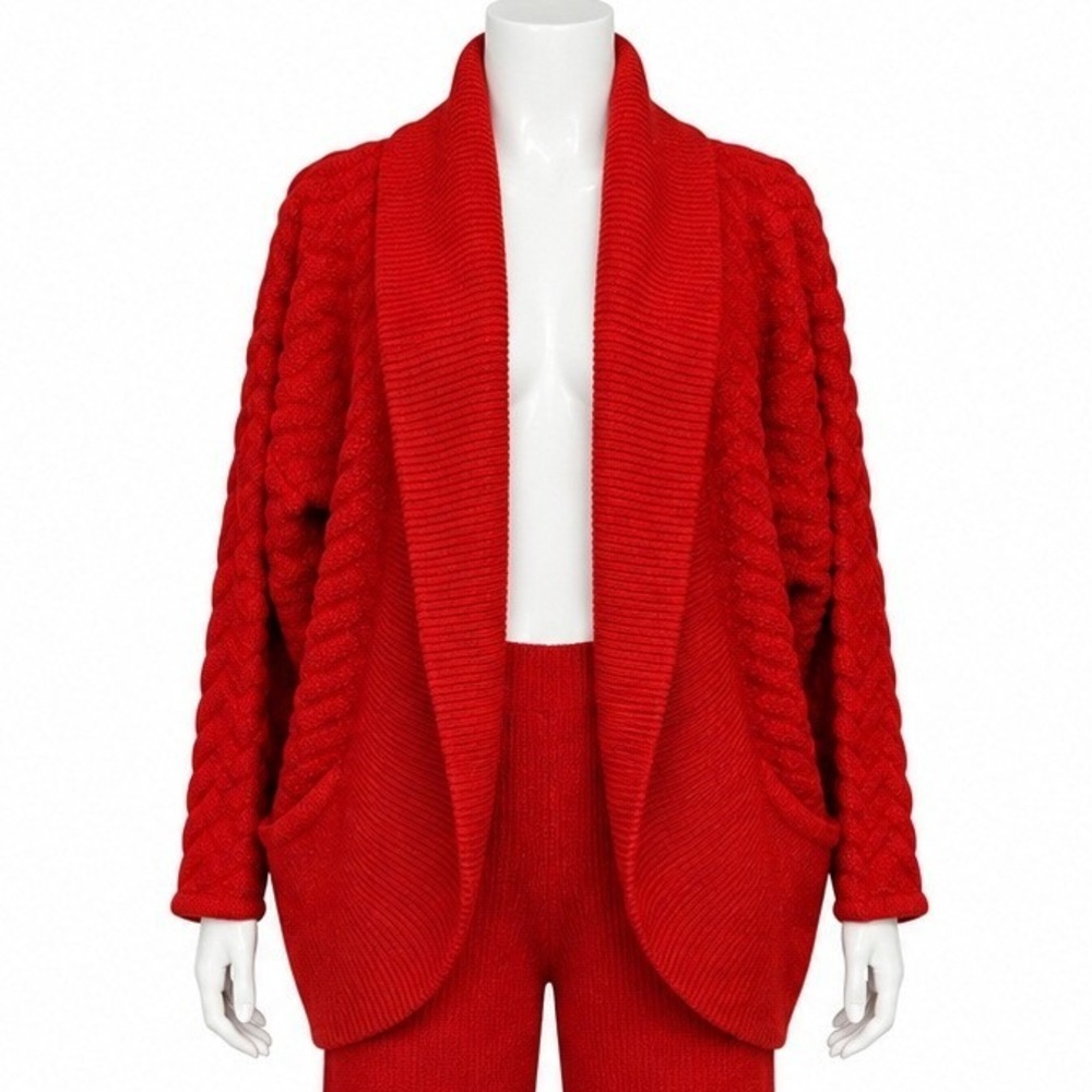SidEffects Womens‎ M Red Chevron Knit Shawl Collar Open Front Cardigan Sweater